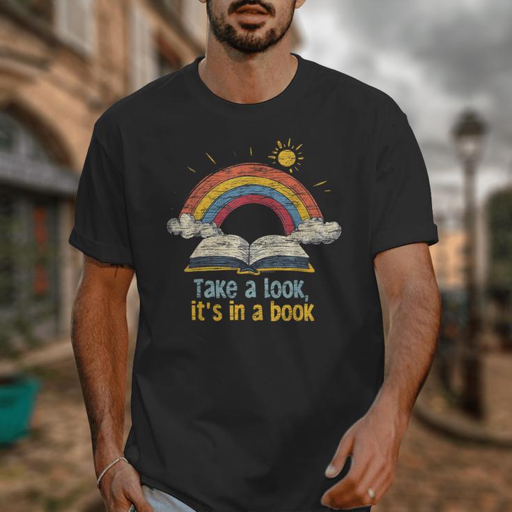 Take a Look It's In a Book Vintage Reading Teacher Rainbow Unisex T-Shirt, funny design