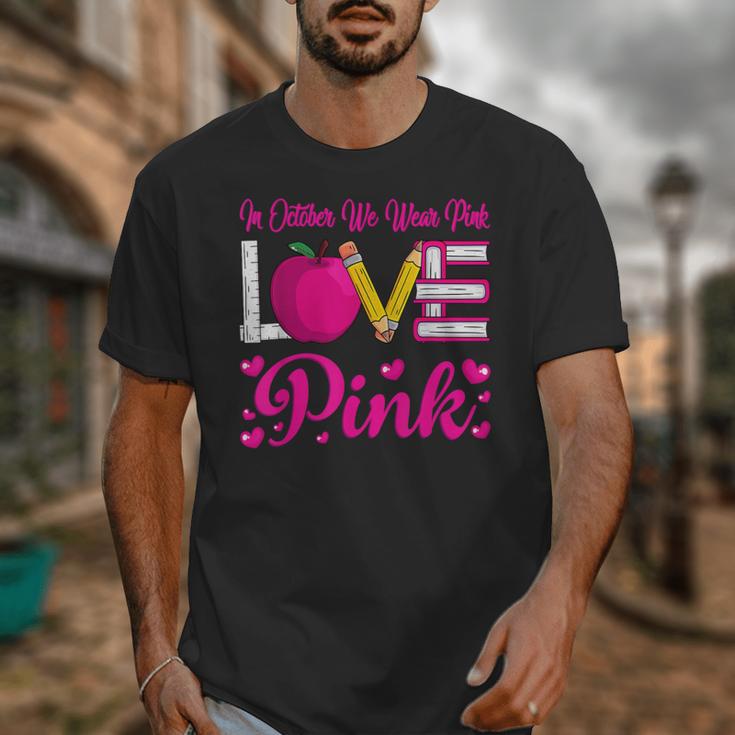 In October We Wear Pink Love Teacher Breast Cancer Awareness Unisex T-Shirt, funny design