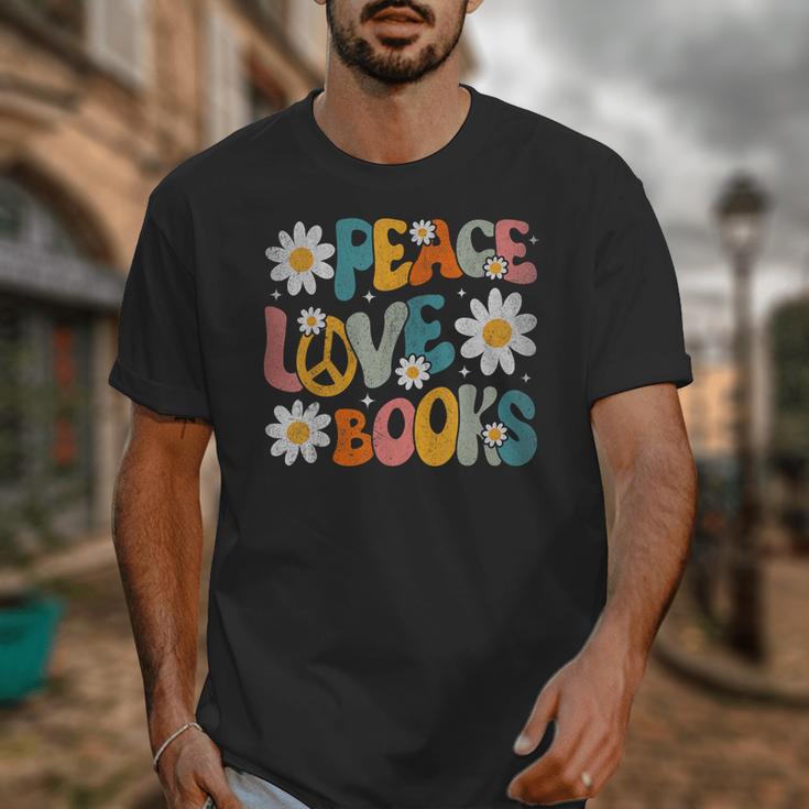 Peace Love Books Bookworm Librarian Reading Teacher Groovy Unisex T-Shirt, Groovy Teacher Gifts, funny design