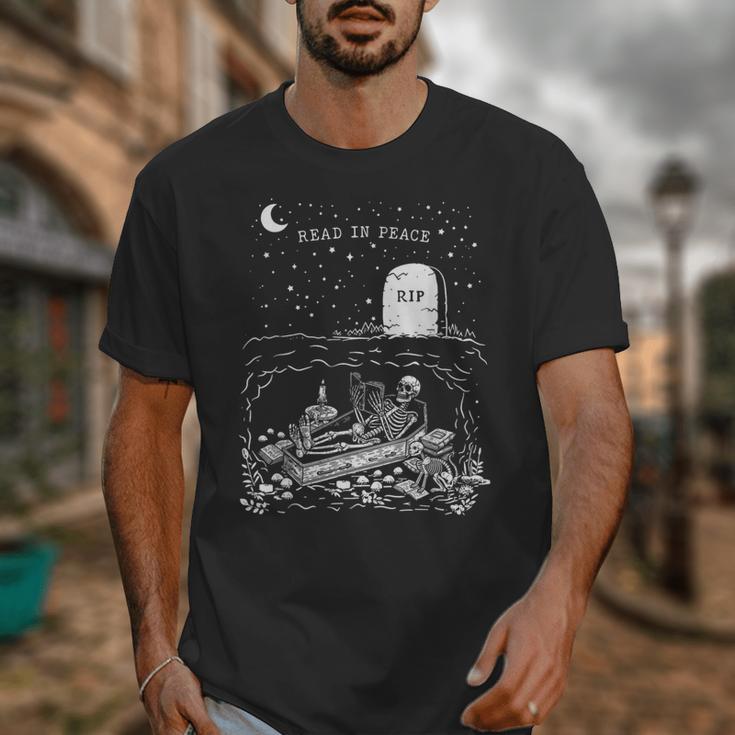 Read In Peace Skeleton Halloween Book Reading Spooky Teacher Unisex T-Shirt, funny design