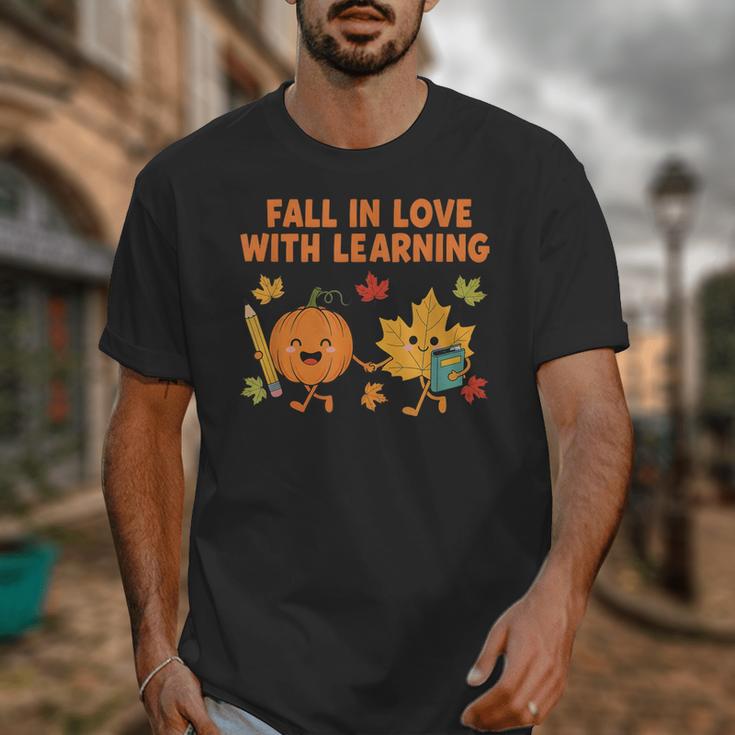 Retro Fall In Love With Learning Autumn Pumpkin Teacher Unisex T-Shirt, funny design
