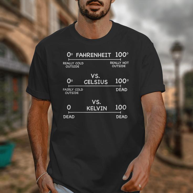 Science Teacher Engineering Temperature Scales Fahrenheit Vs Celsius Vs Kelvin Humorous -Adults - Small Short Sleeve Modern V-Neck Cotton Blend Machine Wash Unisex T-Shirt, Science Teacher Gifts, funny design