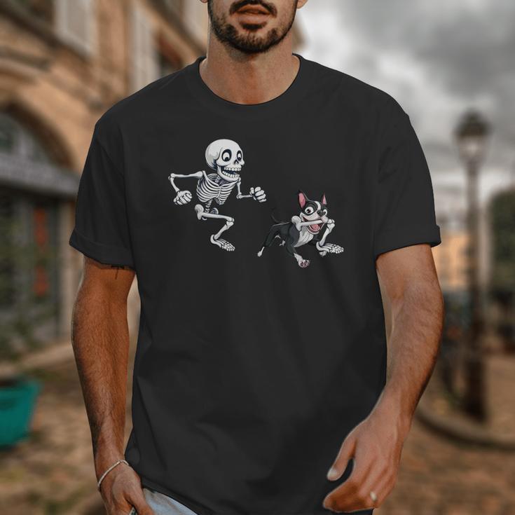 Skeleton Chasing Dog Boston Terrier Halloween Pet Lover Unisex T-Shirt, Boston Terrier Halloween Gifts, funny design