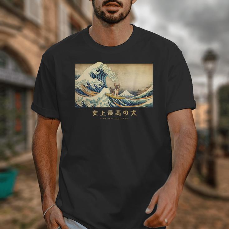 Surfing Boston Terrier Kanagawa Wave Japanese Dog For Men Women Kids Unisex T-Shirt, funny design