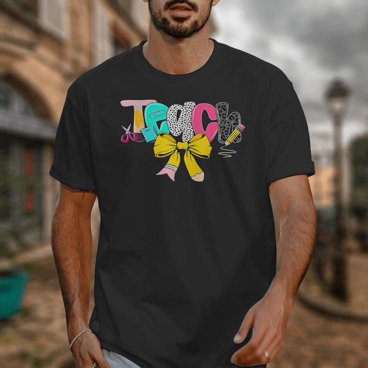 Teach Coquette Bow Teacher Back To School Happy First Day Unisex T-Shirt, funny design