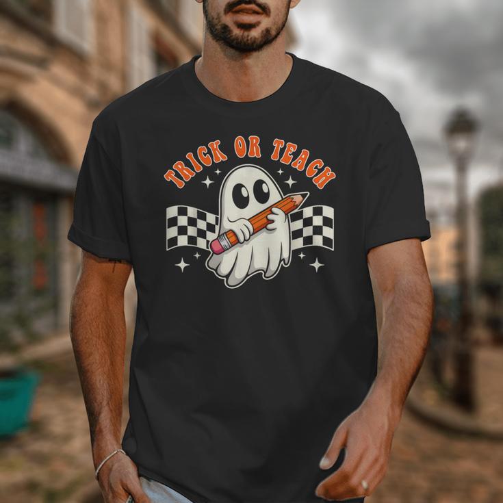 Trick Or Teach Groovy Retro Ghost Halloween Teacher Kids Unisex T-Shirt, Groovy Teacher Gifts, funny design Trick Or Teach Groovy Retro Ghost Halloween Teacher Kids Unisex T-Shirt, Groovy Teacher Gifts, funny design