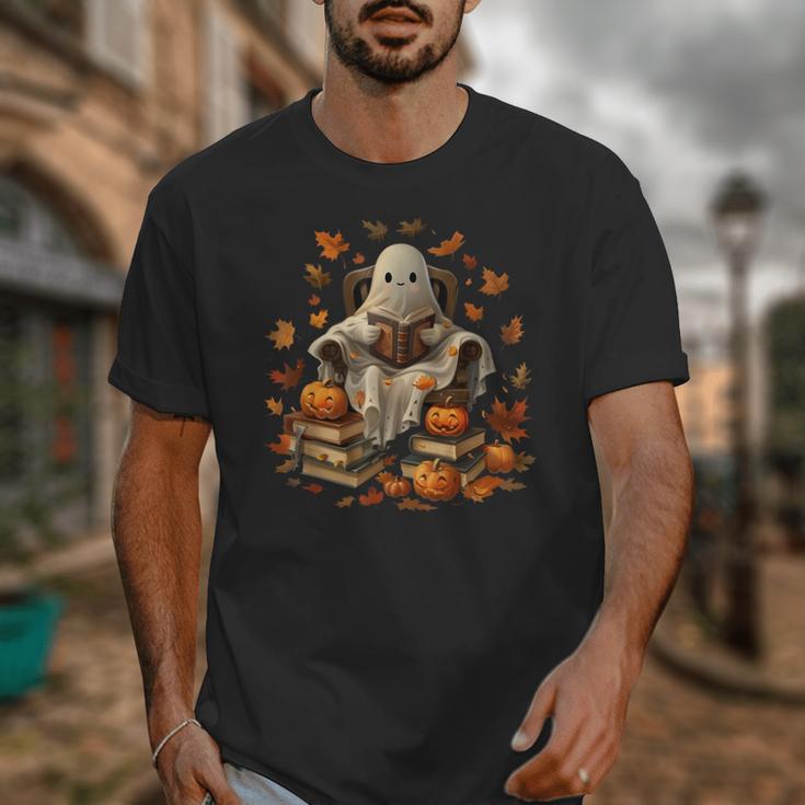 Vintage Ghost Book Reading Pumpkin Gothic Halloween Teachers Men Women Kids Unisex T-Shirt, funny design