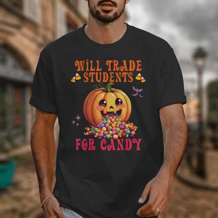 Will Trade Students For Candy Teacher Cute Halloween Pumpkin Unisex T-Shirt, funny design
