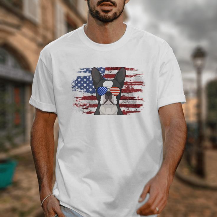 Boston Terrier Dad American Flag 4th Of July Dog Fathers Day Unisex T-Shirt, Couple Gifts, Boston Terrier Dad Gifts, American Boston Terrier Gifts, Boston Terrier 4th Of July Gifts, funny design