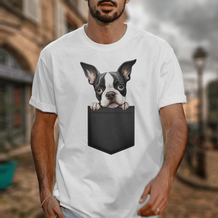 Boston Terrier Dog Puppy Dog In Pocket Cute Pet Lover Unisex T-Shirt, funny design