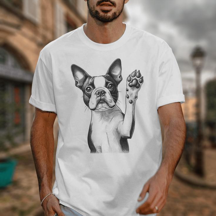 Boston Terrier Dog Raising Paw Idea Men Women Unisex T-Shirt, funny design