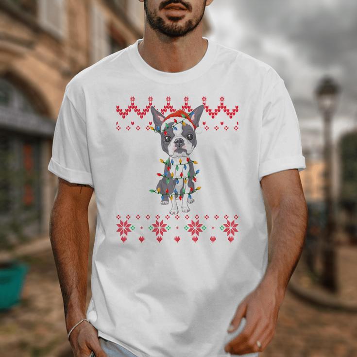 Boston Terrier Dog Santa Hat Men Kids Ugly Christmas Light Unisex T-Shirt, Boston Terrier Christmas Gifts, funny design