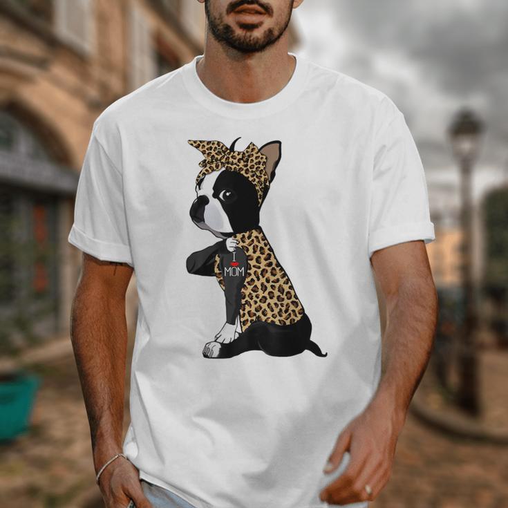 Boston Terrier Lover I Love Mom Tattoo Leopard Unisex T-Shirt, Couple Gifts, Mom Gifts, Boston Terrier Mom Gifts, funny design