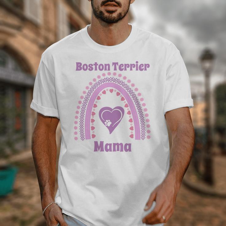 Boston Terrier Mama Cute Rainbow Paw Heart Shape Unisex T-Shirt, funny design