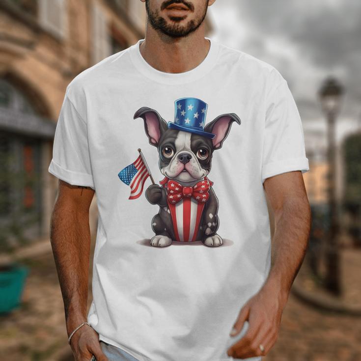 Boston Terrier Puppy Dog Holds His American Flag 4th Of July Unisex T-Shirt, American Boston Terrier Gifts, Boston Terrier 4th Of July Gifts, funny design