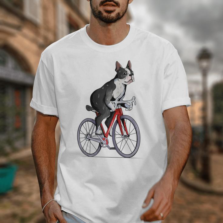 Boston Terrier Riding Bicycle Cute Bostie Biker Raglan Baseball Tee Unisex T-Shirt, Boston Terrier Riding Gifts, funny design