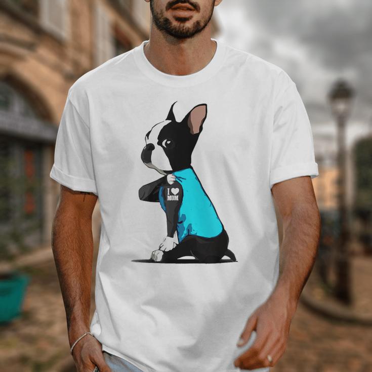 Boston Terrier Tattoos I Love Mom Unisex T-Shirt, Couple Gifts, Mom Gifts, Boston Terrier Mom Gifts, funny design