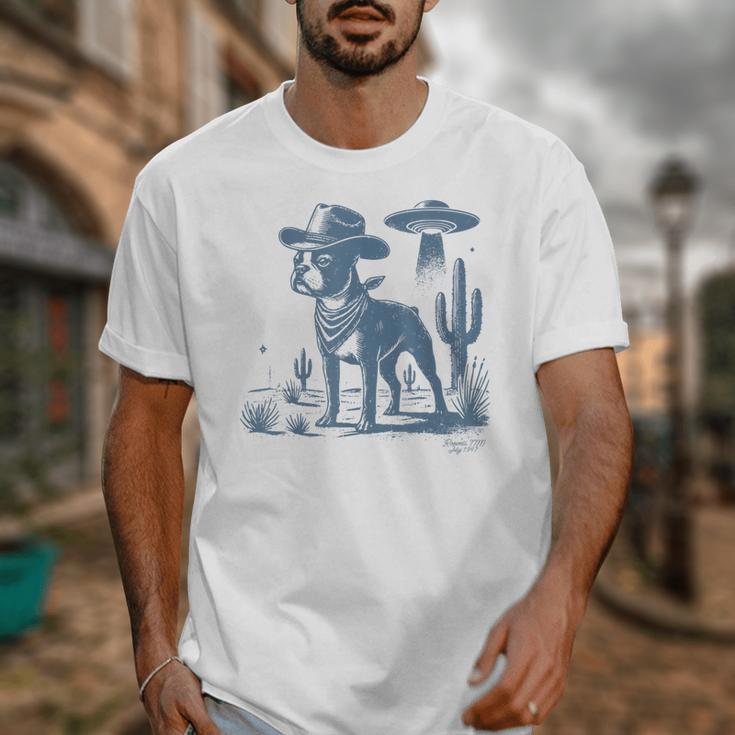 Boston Terrier UFO Cowboy Dog Dog Mom Dog Dad Alien Dog Unisex T-Shirt, Couple Gifts, Mom Gifts, Boston Terrier Dad Gifts, Boston Terrier Mom Gifts, funny design