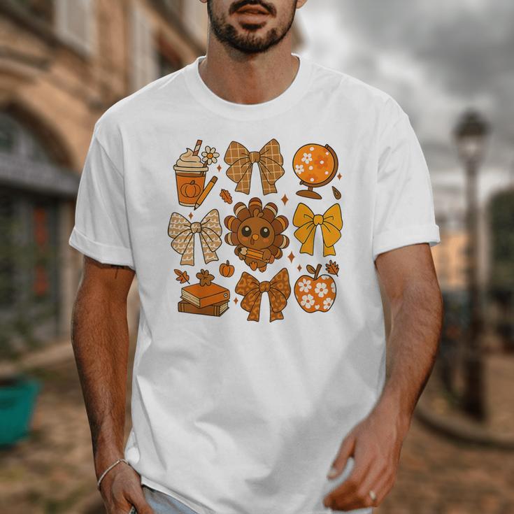Coquette Teach Teacher Bows Thanksgiving Turkey Fall Autumn Unisex T-Shirt, funny design
