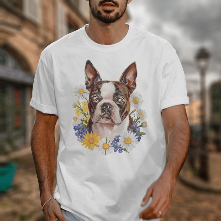Floral Boston Terrier Unisex T-Shirt, funny design