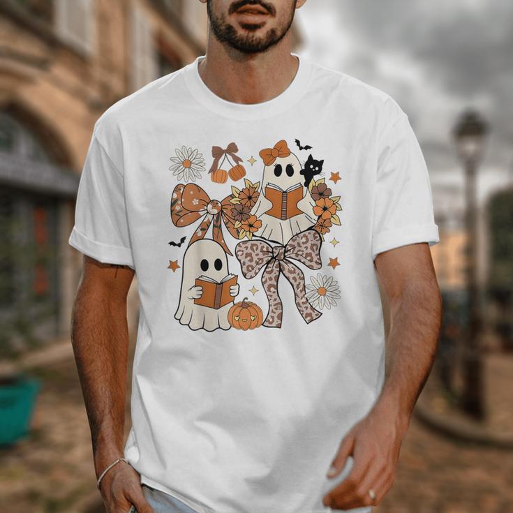Ghost Reading Books Halloween Bow Spooky Teacher Student Unisex T-Shirt, funny design