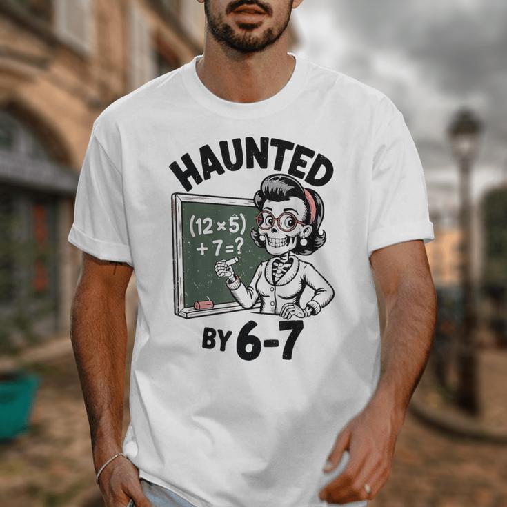 Haunted 67 Skeleton Math Teacher Halloween Costume Math Pun Unisex T-Shirt, funny design