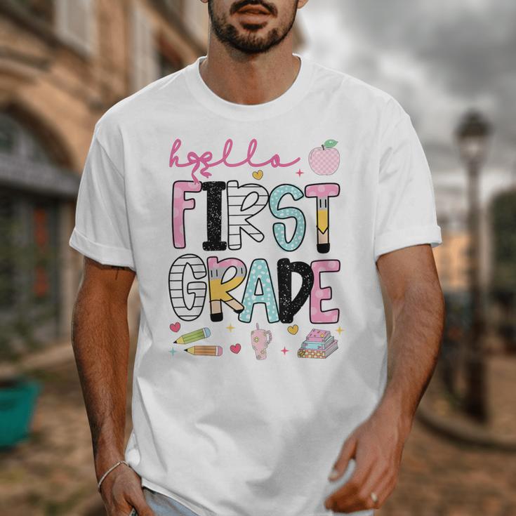 Hello First Grade Teacher Coquette Pencil Bow Back To School Unisex T-Shirt, First Grade Teacher Gifts, funny design Hello First Grade Teacher Coquette Pencil Bow Back To School Unisex T-Shirt, First Grade Teacher Gifts, funny design