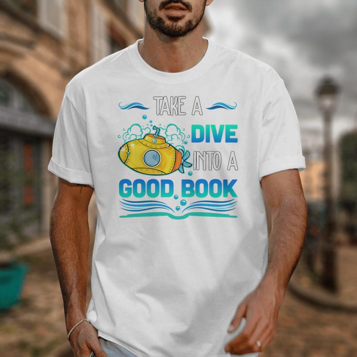 Librarian Teacher Dive Into A Good Book Reading Premium Tri-Blend Unisex T-Shirt, funny design