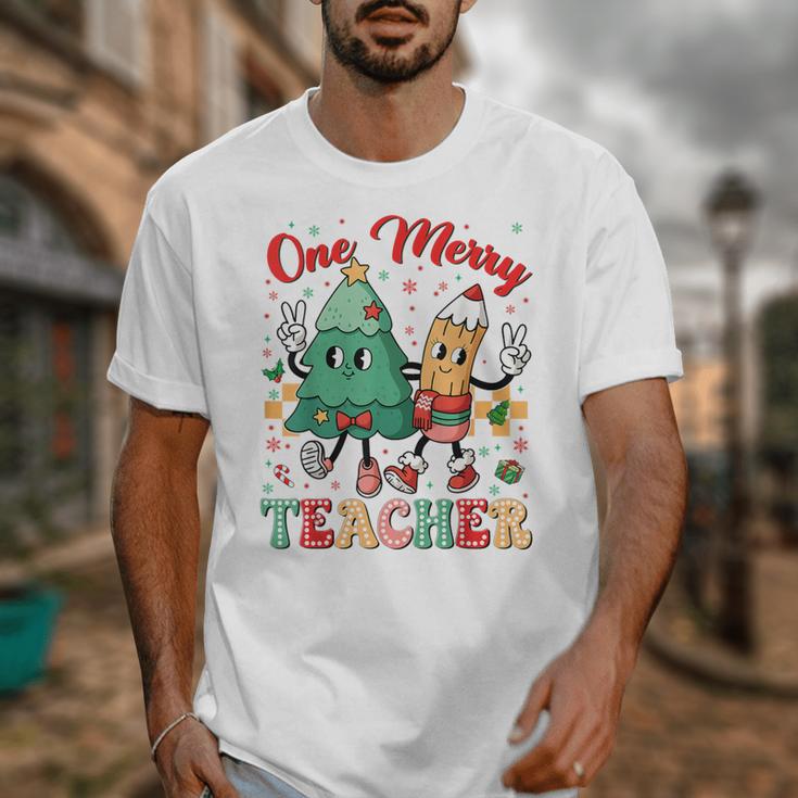 One Merry Teacher Groovy Christmas Tree Pjs Xmas Teacher Unisex T-Shirt, Groovy Teacher Gifts, funny design