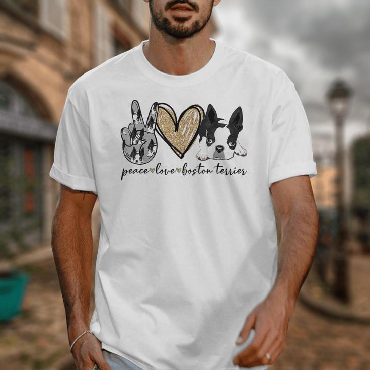Peace Love Boston Terrier Boston Terrier Lover Dog Mom Unisex T-Shirt, Couple Gifts, Mom Gifts, Boston Terrier Mom Gifts, funny design