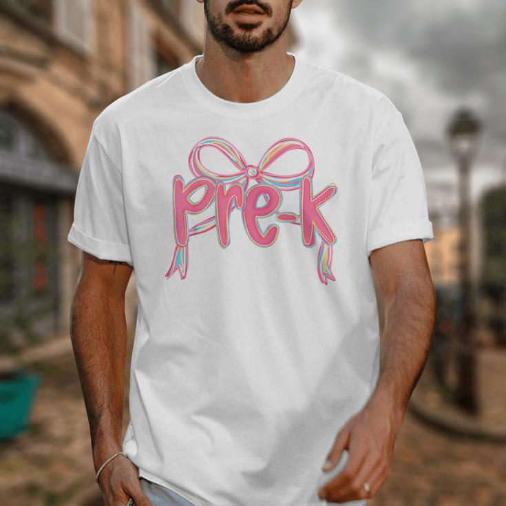 Preppy Pre k Back To School Pre-k Teachers Girls Cute Bow Unisex T-Shirt, funny design