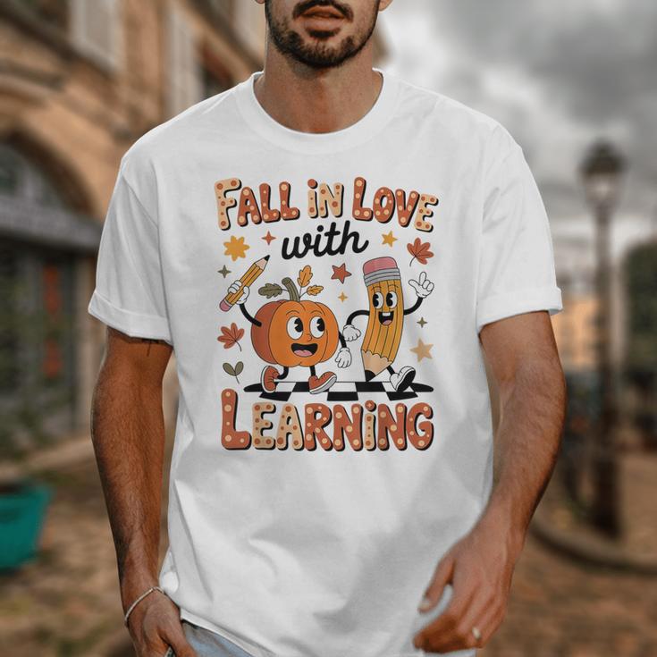 Retro Fall In Love With Learning Autumn Pumpkin Teacher Kids Unisex T-Shirt, funny design