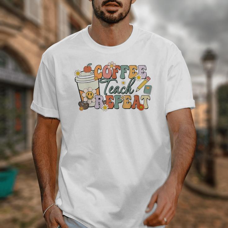 Retro Grovvy Coffee Teach Repeat Teacher Unisex T-Shirt, funny design
