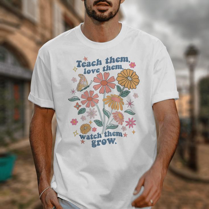 Teach Them Love Them Watch Them Grow Retro Teacher Floral Unisex T-Shirt, funny design