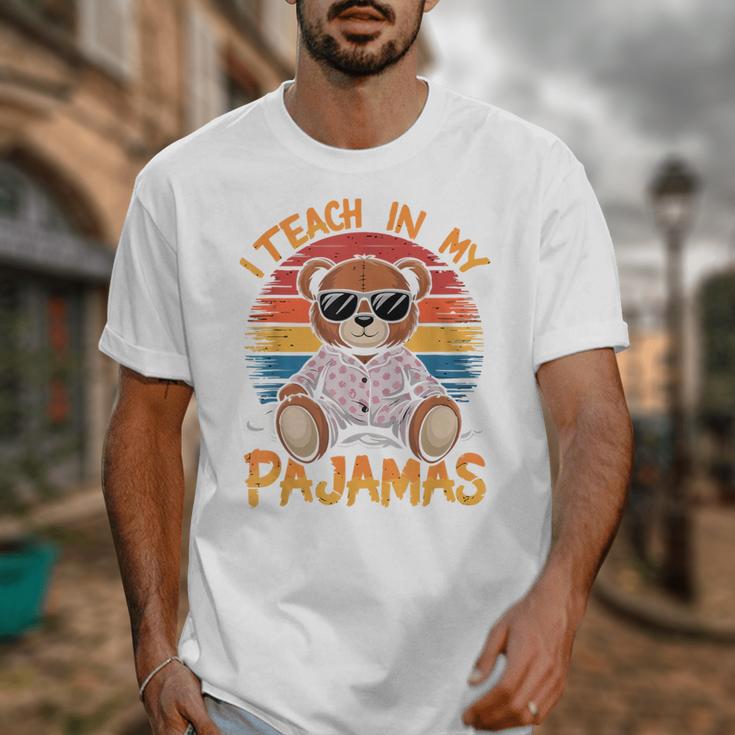 I Teach In My Pajamas Teacher Sunset Bear Retro Unisex T-Shirt, funny design