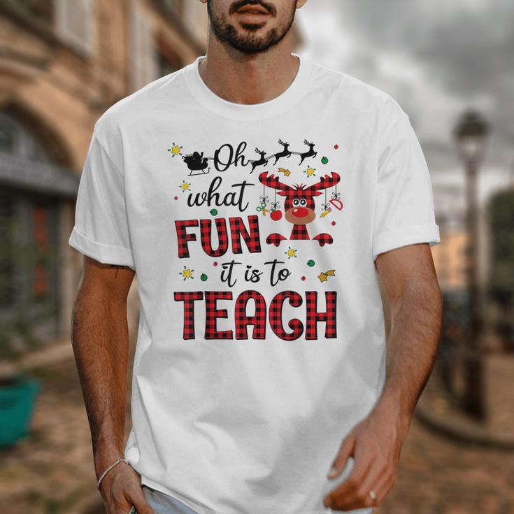 Teachers Oh What Fun It Is To Teach Cute Red Plaid Reindeer Unisex T-Shirt, funny design
