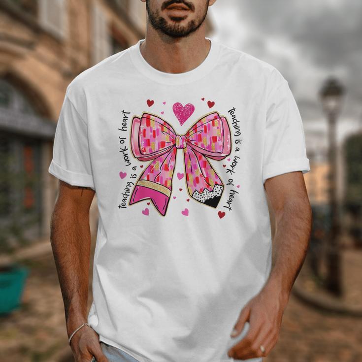 Teaching Is A Work Of Heart Pencil Bow Teacher Valentine Unisex T-Shirt, funny design