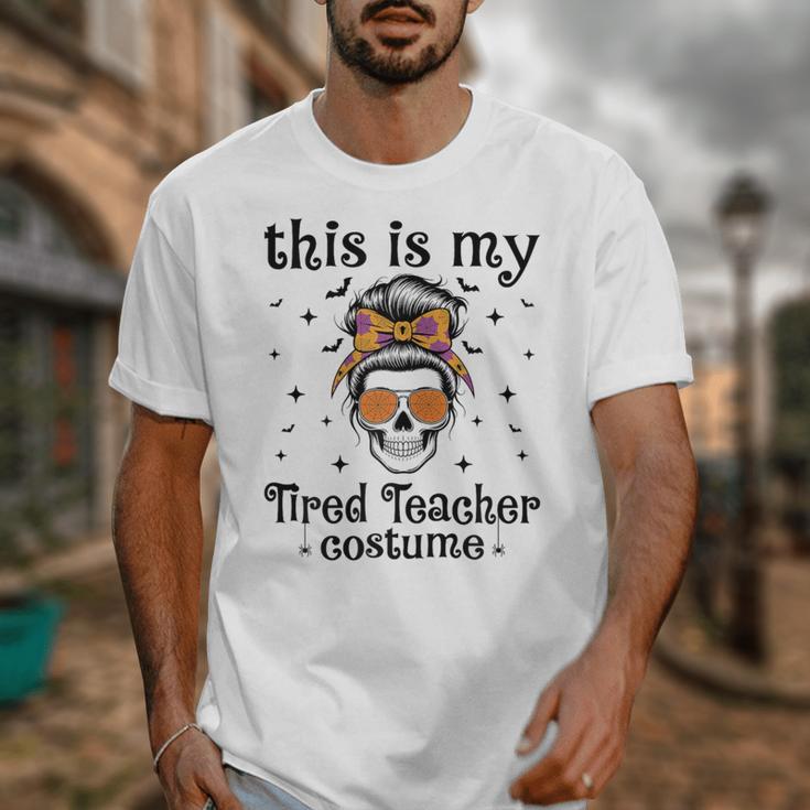 This Is My Tired Teacher Costume Skull Halloween Messy Bun Unisex T-Shirt, funny design This Is My Tired Teacher Costume Skull Halloween Messy Bun Unisex T-Shirt, funny design