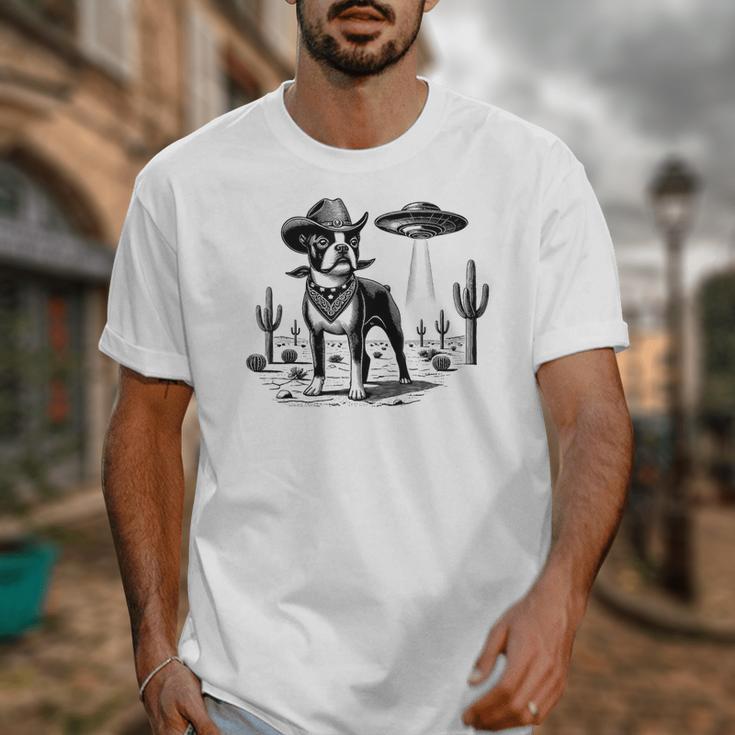 Vintage Boston Terrier UFO Western Wild West Dog Mom Dad Unisex T-Shirt, Couple Gifts, Mom Gifts, Boston Terrier Dad Gifts, Boston Terrier Mom Gifts, funny design