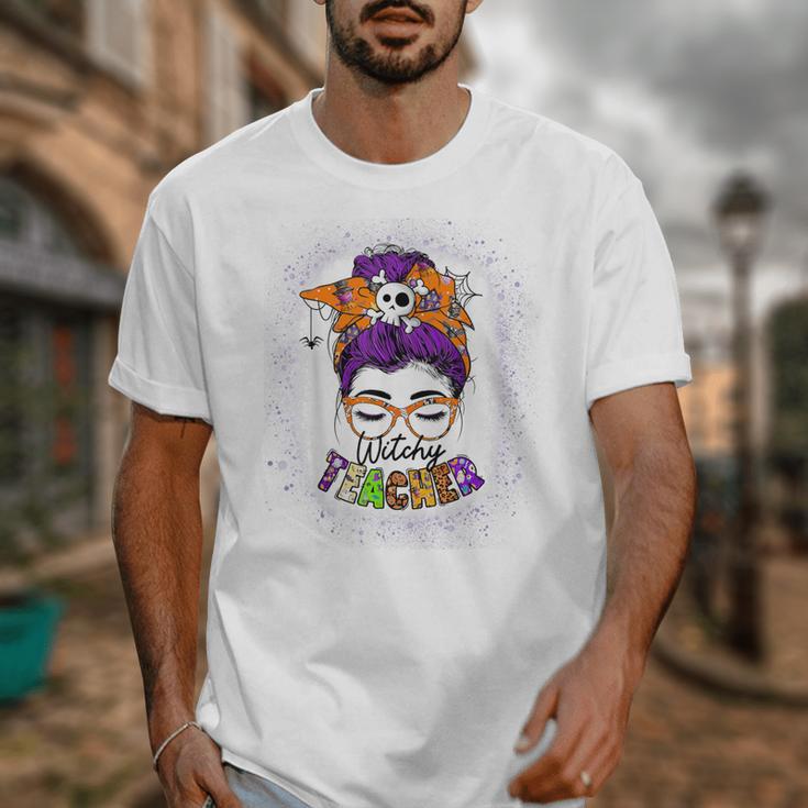 Witchy Teacher Halloween Messy Bun Teacher Bleached Unisex T-Shirt, funny design