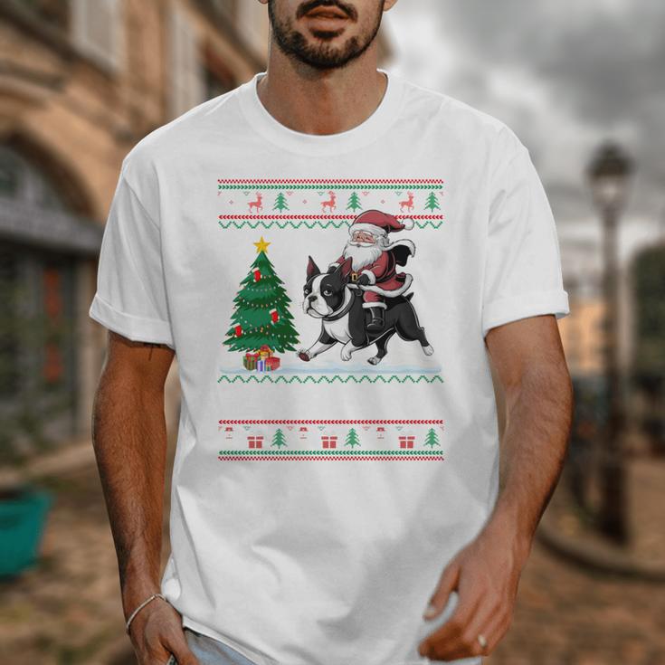 Xmas Tree Lighting Santa Riding Boston Terrier Christmas Unisex T-Shirt, Boston Terrier Christmas Gifts, Boston Terrier Riding Gifts, funny design