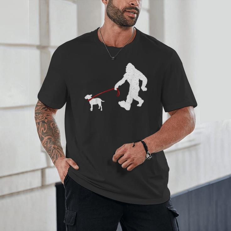 Bigfoot Walking With Bull Terrier Dog Unisex T-Shirt, novelty gifts, funny gifts