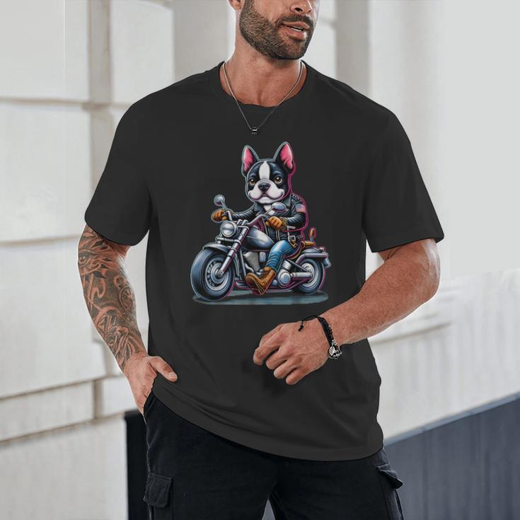 Biker Boston Terrier Dog Riding Motorbike Unisex T-Shirt, novelty gifts, funny gifts