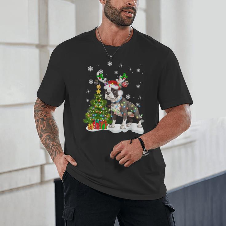 Boston Terrier Christmas Tree Lights Santa Hat Unisex T-Shirt, novelty gifts, funny gifts