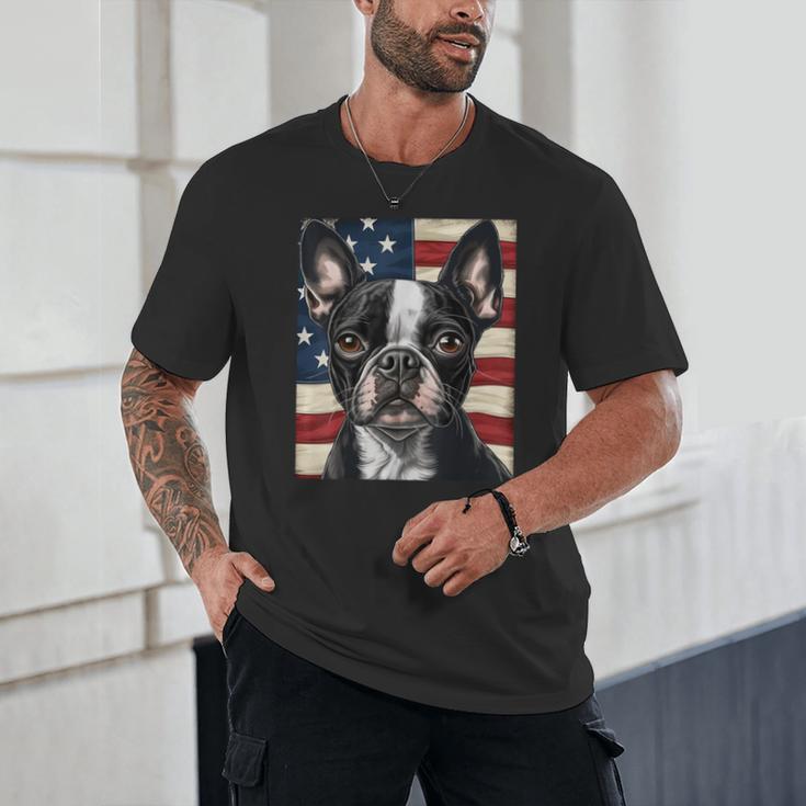 Boston Terrier Dog American Flag 4th Of July Patriotic Puppy Unisex T-Shirt, novelty gifts, funny gifts