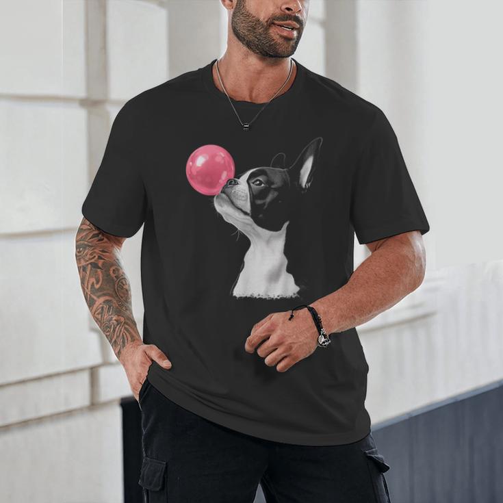 Boston Terrier Dog Blowing Chewing Bubble Gum Pink Unisex T-Shirt, novelty gifts, funny gifts