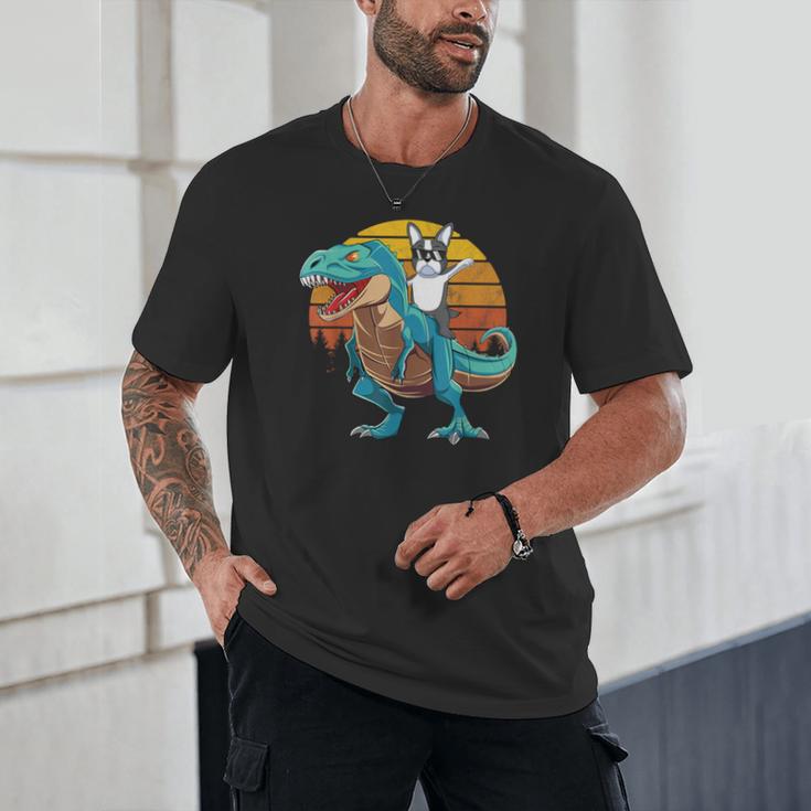 Boston Terrier Dog Riding Dinosaur T Rex Boys Unisex T-Shirt, novelty gifts, funny gifts