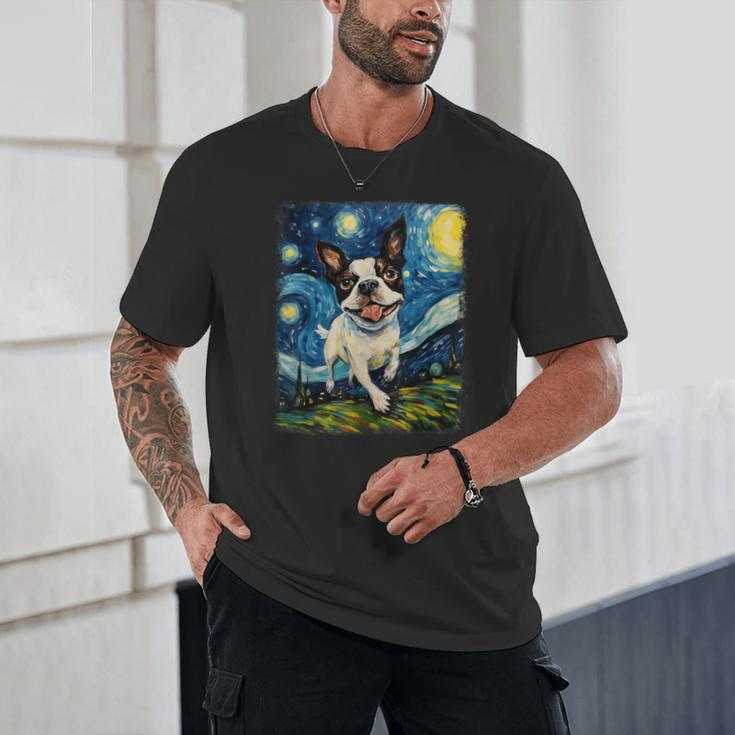 Boston Terrier Dog Starry Night Painting Unisex T-Shirt, novelty gifts, funny gifts