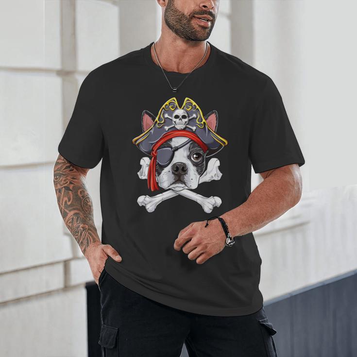 Boston Terrier Pirate T Shirt Jolly Roger Crossbones Skull Unisex T-Shirt, novelty gifts, funny gifts