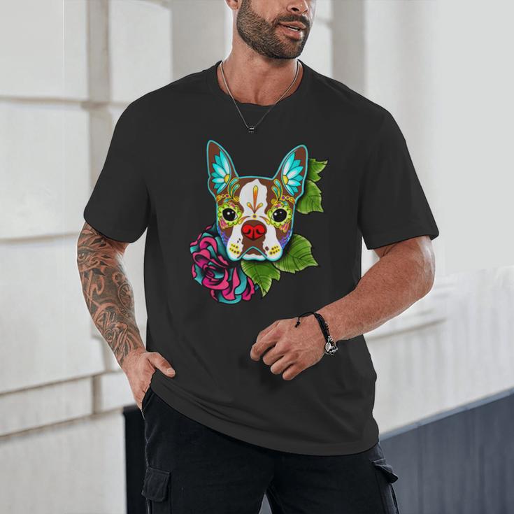 Boston Terrier In Red Day Of The Dead Sugar Skull Dog Unisex T-Shirt, novelty gifts, funny gifts